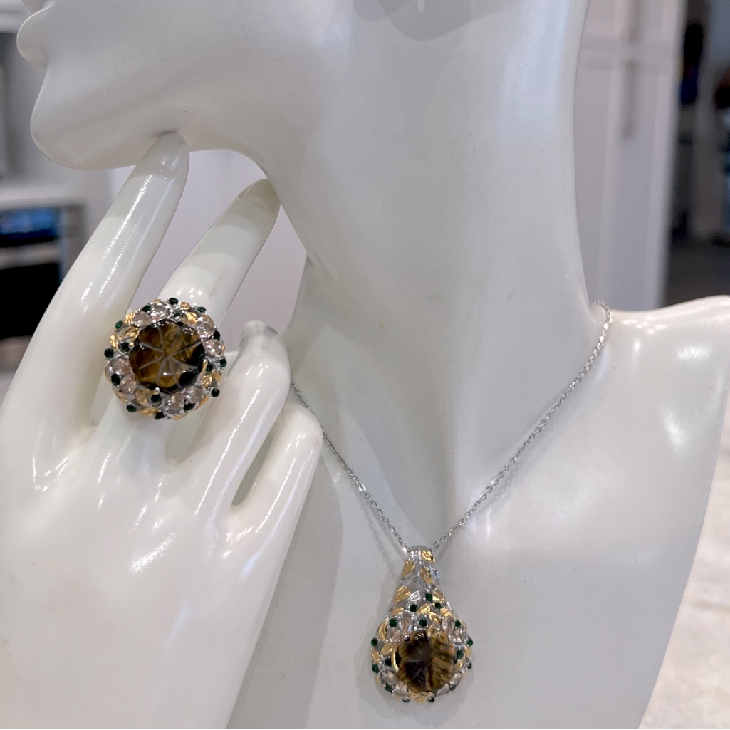 South African Tiger’s Eye Floral Carved Multigemstone Ring And Pendant Necklace